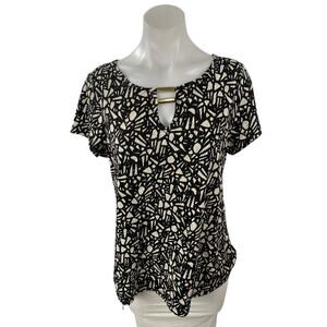 80 Park Black Geometric Round Neck Keyhole Short Cap Sleeve T-Shirt Blouse Top L